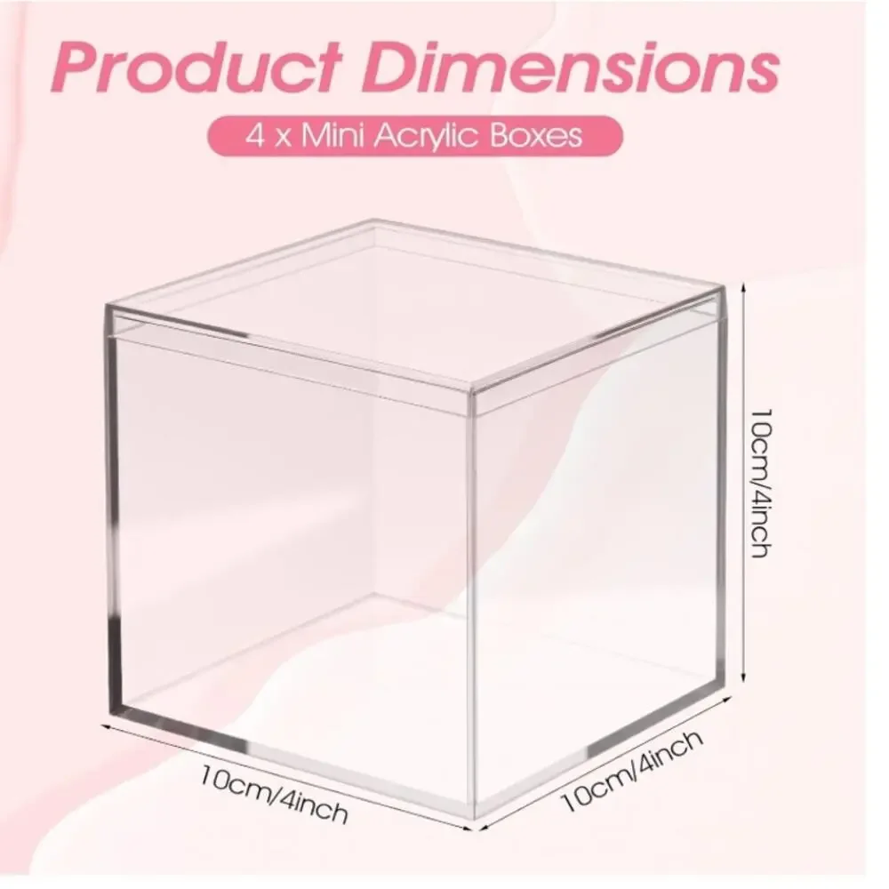 Clear Acrylic Storage Boxes w/ Lids 4x4x4 Set of 4 Cube Containers NEW